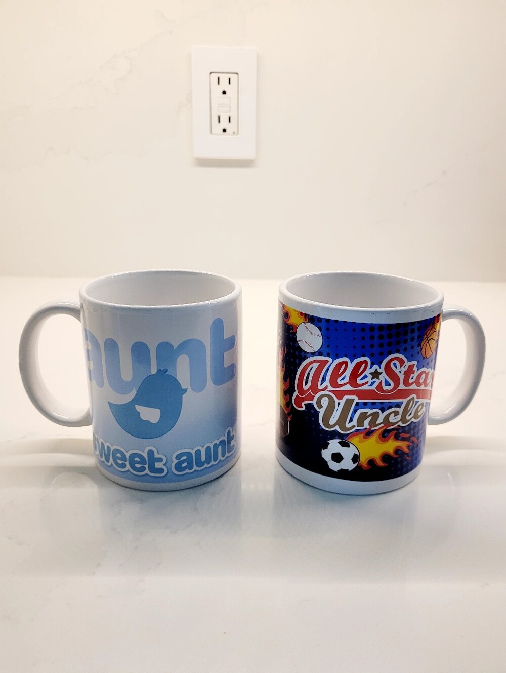 Set of 2 Printed Ceramic Mugs - Blue "Sweet Aunt" & Sports "All-Star Uncle"